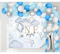 Kit de decoración de fiesta de primer cumpleaños con globos aerostáticos con telón de fondo Isn't He Onederful de 3 x 5 pies, decoración de celebración de primer cumpleaños para niños y niñas