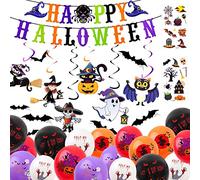 Kit de decoración de Fiesta Halloween de 45 Piezas con 2 Pegatinas Tatuaje, Globos, pancartas, remolinos Colgantes, calcomanías Pared murciélago 3D, Accesorios decoración Halloween Fiesta Halloween