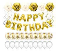 Kit de decoración de globos dorados para fiesta de cumpleaños con globos de látex y confeti, pompones de flores, espirales de papel de aluminio dorado y plateado, suministros para hombres y mujeres