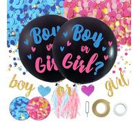 Kit de Decoración para Fiesta de Revelacion Genero Bebe con Banner Niño o Niña 2 Globos Revelacion Genero Bebe de 36 Pulgadas Confeti Relleno Rosa y Azul Guirnalda de Papel con Flecos