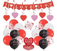 Kit de Decoración para San Valentín, 12 Globos de Látex (4 Diseños) Banderín "I LOVE YOU" 10 Servilletas 10 Plato de Corazón 6 Decoraciones Espirales Rojas y Rosas Decoración Romántica para Cena Fiest