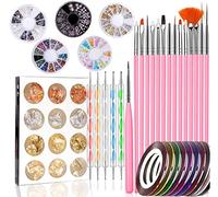 Kit de Diseño de Arte de Uña 47 piezas Decoración Uñas Nail Art 15 Pincel Uñas 5 Lápiz de Punto 10 Cintas Adhesivas Uñas 5 Diamantes de Imitación 12 Pegatina Lámina Paillette para Diseño de Uñas