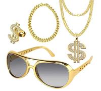 Kit de Disfraces de Hip Hop,4 Piezas Disfraz con cadena, Hombre Chapado en Hip Hop Collares y Anillos,Accesorios de Rapero 80s/ 90s,Disfraz de Collares Rapero Conjunto de Disfraces Accesorios Hombre