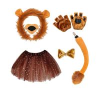 Kit de disfraz de león 6 elementos marrones | Material de felpa de poliéster para invernadero, orejas, nariz, cola nudo, falda guantes | Traje infantil de noche disfrazada | Animación Carnaval
