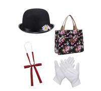 Kit de disfraz de niñera victoriana mágica de 4 piezas, sombrero negro con flores, pajarita, guantes blancos y bolsa de alfombra, disfraces del Día Mundial del Libro de Mary Nanny para niñas