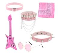 Kit de disfraz de RockStar de los años 80 y 90, accesorios de Rockstar para niños, gafas de sol, collar de bandana inflable, disfraz de estrella de rock para niños y niñas (rosa)