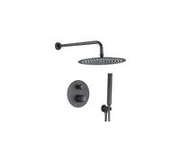 Kit de ducha empotrada redonda con botón monomando y alcachofa de mano en negro mate Andarax de Valaz - 25 cm