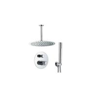 Kit de ducha empotrada redonda para techo con botón monomando y alcachofa de mano de acabado cromado Andarax de Valaz - 30 cm
