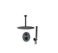 Kit de ducha empotrada redonda para techo con botón monomando y alcachofa de mano de acabado negro mate Andarax de Valaz - 25 cm