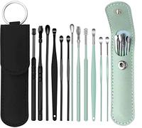 Kit de eliminación de cerumen de oído, herramienta de limpieza de oídos, herramienta de eliminación de cera de oído de acero inoxidable con caja de almacenamiento de cuero (negro y verde)