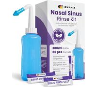 Kit de enjuague nasal, botella Neti Pot de 300 ml + 80 paquetes de solución salina, sistema de enjuague sinusal para adultos y niños, natural, sin medicamentos, lavado nasal equilibrado con pH para