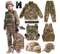 Kit de equipo militar táctico infantil para juegos de rol, uniforme de camuflaje de soldado, incluye chaleco, mochila, casco y binoculares (bandera del desierto, 130 tamaño)