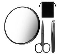 Kit de Espejo de Aumento de 20x con Tijeras Pinzas de Cejas Espejo de Lupa de Succión Espejo Compacto de Baño de Viaje con Tijeras y Pinzas para Depilar para Mujer, 8,8 cm, Negro