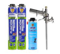 Kit de Espuma de Poliuretano con Alta Expansiva y Adherencia, Incluye 2x Espuma PU 750ml + 1x Pistola PU + 1x Limpiador de Espuma 500ml, Aislamiento Térmico, Acústico y Humedad, Fijación Rapida