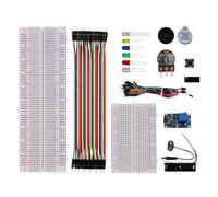 Kit de fabricación electrónica de bricolaje, juego de iniciación de tablero de pan sin soldadura con tableros de 400/830, cables de puente, LED, zumbador, soporte de batería, módulo de impulso MT3608
