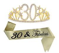 Kit de faja y tiara para 30 cumpleaños de 30 cumpleaños y corona de diamantes de imitación de la reina de cumpleaños, faja de oro y tiara de cristal dorado para suministros de fiesta de 30 cumpleaños y decoraciones regalos de cumpleaños