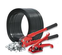 Kit de flejado de palés con herramientas - Fleje de PET negro resistente de 1,6 cm x 304,5 m, tensor y sellador, 100 precintos metálicos para asegurar, enviar y agrupar | Juego de flejado de poliést