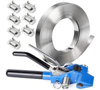 Kit de flejado para embalaje de palés: herramientas 3 en 1 para flejado de acero. Incluye tensor, bobina de flejado de acero inoxidable 304 de 30,5 m de largo x 1,9 cm de ancho y 100 hebillas Ear-Lo