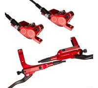 Kit de freno hidráulico resistente para MTB, diseño de cuatro pistones en aleación de aluminio, manguera izquierda de 800 mm y 1450 mm derecha, rojo (rojo)