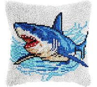Kit de gancho cuadrado de tiburón de acuarela, funda de almohada, cojín de punto de cruz, ganchillo, kit de fabricación de fundas de almohada, patrón preimpreso, lienzo, suministros de gancho de