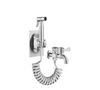 Kit de Grifo de latón de Doble Salida con Pistola rociadora de Alta presión y Manguera en Espiral retráctil (Plateado)