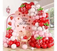 Kit de guirnalda de arco de globos de fresa, globos rojos y rosa intenso con estampado de fresa y globos de látex largos verdes para dulce baya, primer cumpleaños, ducha, suministros de decoración de