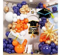 Kit de guirnalda de arco de globos de graduación azul y naranja, 115 globos de graduación azul marino, azul oscuro, dorado, naranja, felicitaciones, clase de 2025, decoración de fiesta de graduación