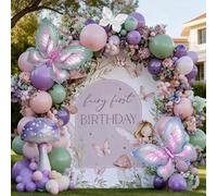 Kit de guirnalda de arco de globos de hadas del país de las maravillas, rosa, morado, verde con mariposa 3D para niñas, cuento de hadas, primavera, jardín, fiesta de té, cumpleaños