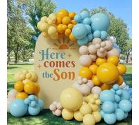 Kit de guirnalda de globos amarillo mostaza, azul bebé, amarillo y blanco arena, 136 piezas de arco de globos silenciados para el primer viaje alrededor del sol Here Comes The Sun Baby Showers Little
