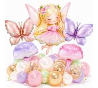Kit de guirnalda de globos de jardín de hadas con globos de aluminio de mariposa y hongos, rosa pastel, morado, dorado, decoraciones de fiesta de cumpleaños para niñas