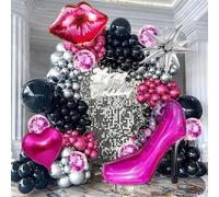 Kit de guirnalda de globos de labios de tacón alto, 91 piezas, juego de arco de globos rosa y negro plateado con confeti gigante de talón, labios, corazón, explosión de estrellas, decoración de