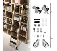 Kit de herrajes para escalera móvil de biblioteca | riel móvil de tubo redondo gris plateado (sin escaleras) con ruedas para piso(200cm Kit de pista)