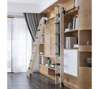 Kit de herrajes para Escalera telescópica retráctil de Biblioteca con Rodillo Superior y Ruedas de Suelo. Herrajes rodantes de Acero Negro rústico con Frenos.