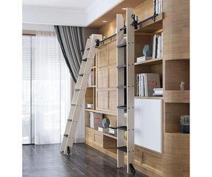 Kit de herrajes para Escalera telescópica retráctil de Biblioteca con Rodillo Superior y Ruedas de Suelo. Herrajes rodantes de Acero Negro rústico con Frenos.