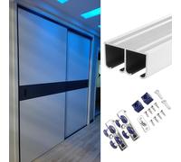 Kit de herrajes para puerta corredera de armario, guía de montaje superior para evitar puertas de armario, incluye riel, ruedas, tornillos y topes, acabado champán, 3 m