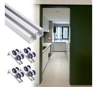 Kit de herrajes para puerta corredera de derivación de montaje en techo, techo bajo de 170 libras, doble pista resistente, rodillos de cierre suave (2,1 m, plateado)