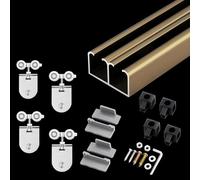 Kit de herrajes para puerta corredera doble, riel de aluminio montado en la parte superior con topes para puertas de vidrio sin marco, sistema de derivación