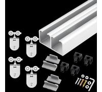 Kit de herrajes para puerta corredera doble, riel de aluminio montado en la parte superior con topes para puertas de vidrio sin marco, sistema de derivación