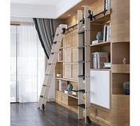 Kit de herramientas de escalera rodante retráctil de acero negro para oficina en casa y biblioteca, sistema de riel deslizante estilo granero para un fácil almacenamiento y acceso a estantes altos