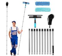 Kit de herramientas de limpieza de escobilla de 3,8 m, limpiador telescópico de canalones de 10 postes, limpiador de ventanas portátil y cepillo de limpieza de canalones de techo para limpiar vidrios