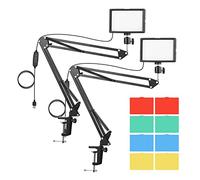 Kit de Iluminación para Videoconferencia USB de Escritorio, 2 Luces LED Bicolor 3200K - 5600K Regulables, Soportes Metálicos con Cabezal Giratorio 360° - Filtros de Color para