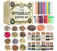 Kit de iniciación de brujería, suministros de brujería para altar wiccano, paquete de 63 cristales de hierbas secas, velas mágicas de colores, bolsas de abalorios y sal ritual de brujas para hechizos