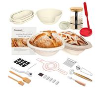 Kit de iniciación de masa madre, 26 piezas de suministros para hornear pan de masa madre, incluyendo un tarro de masa madre (34 onzas), cesta de silicona Banneton a prueba de pan juego de 2 (madera