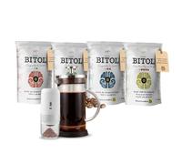 Kit de Iniciación + Gala BITOL 4 Cafés de Especialidad 100% Arábica Colombia, Guatemala, Cuba y Costa Rica 4 x 500 g + Molinillo Manual y Prensa Francesa | Notas de Chocolate, Caramelo, Frutos Secos