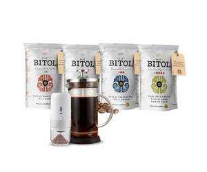 Kit de Iniciación + Gala BITOL 4 Cafés de Especialidad 100% Arábica Colombia, Guatemala, Cuba y Costa Rica 4 x 500 g + Molinillo Manual y Prensa Francesa | Notas de Chocolate, Caramelo, Frutos Secos