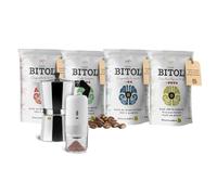 Kit de Iniciación + Itálica BITOL 4 Cafés de Especialidad 100% Arábica (Colombia, Guatemala, Cuba y Costa Rica) 4 x 500 g + Molinillo Manual y Cafetera Moka | Notas de Caramelo y Frutos Secos
