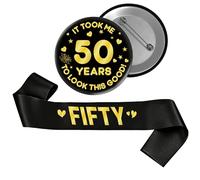 Kit de insignias de banda de 50 cumpleaños - 2 bandas negras y doradas y me llevó 50 años para lucir esta buena insignia para hombres, decoraciones de fiesta de cumpleaños de 50 años, suministros y