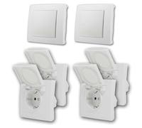Kit de instalación eléctrica empotrable FLAIR de 6 piezas, IP44, con marco y junta de goma - 2 interruptores de dos vías, 4 enchufes con tapa abatible, 230 V/50 Hz, blanco, para baños, sótanos y garaj