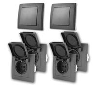 Kit de instalación empotrable FLAIR de 6 piezas, IP44, con marco, color antracita - Interruptores y enchufes con juntas de goma para baños, sótanos y cuartos húmedos