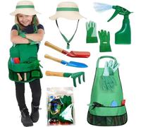 Kit de jardinería para niños, 7 piezas/juego de jardinería para niños pequeños con sombrero para el sol, delantal, rociador, guantes, rastrillo, paleta y palas, herramientas de jardín para de a